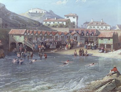 Het begin van het zeezwemmen in de oude haven van Biarritz, detail door Jean Jacques Alban de Lesgallery