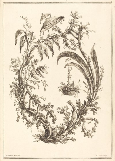 Ornament met Parasol en Hangende Mand door Jean Jacques Avril I after Jean Baptiste Pillement