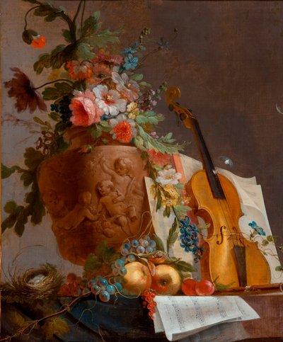 Stilleven met bloemen en een viool door Jean Jacques Bachelier