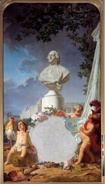 Geleerde Europa Allegorische voorstelling van de glorie van Frankrijk, de buste van Lodewijk XVI (1754-1793) domineert een kaart van Franse bezittingen, een haan, engeltjes en symbolen van kunst en wetenschap. Schilderij door Jean Jacques Bachelier (1724-1 door Jean Jacques Bachelier