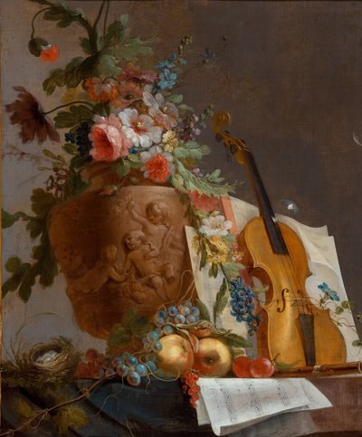 Stilleven met bloemen en een viool, ca. 1750 door Jean Jacques Bachelier