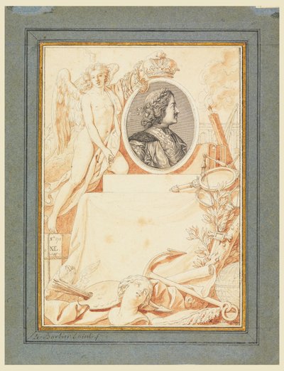 Tekening, Frontispice voor een Geschiedenis van Peter de Grote, ca. 1780 door Jean Jacques Francois Le Barbier