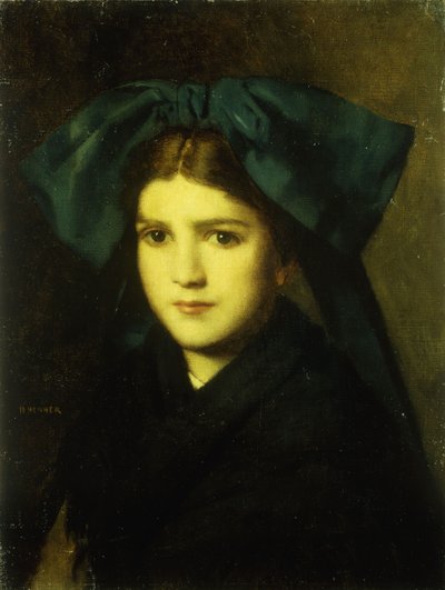 Portret van een jong meisje met een strik in haar haar door Jean Jacques Henner