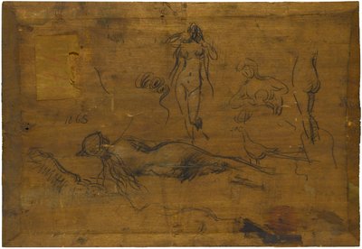 Meisje met blauwe lint (recto) / Vijf naaktstudies, een pauw en een hoofd in profiel (verso) door Jean Jacques Henner