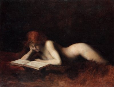 Liggende naakte vrouw die een boek leest door Jean Jacques Henner