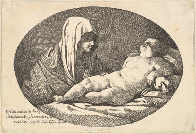De Maagd links kijkt naar het slapende kind Jezus, een ovale compositie door Jean Jacques Lagrenee