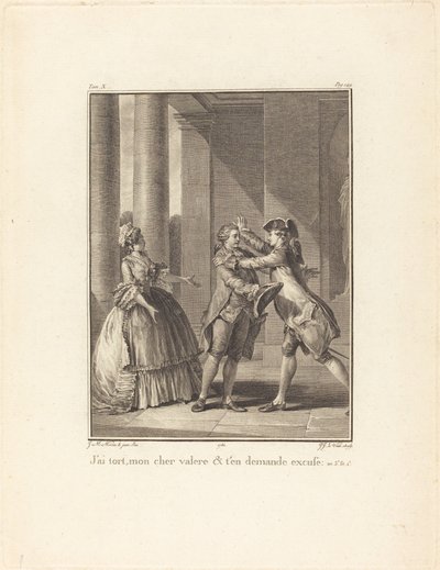 Ik heb ongelijk, mijn beste Valère, en vraag je om vergeving door Jean Jacques Le Veau after Jean Michel Moreau