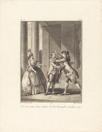 Ik heb ongelijk, mijn beste Valère, en vraag je om vergeving door Jean Jacques Le Veau after Jean Michel Moreau
