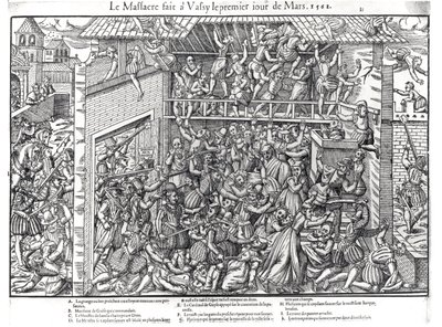 Het bloedbad onder de protestantse bevolking door de troepen van de hertog van Guise in Wassy-sur-Blaise, 1 maart 1562, gegraveerd door Jacques Tortorel (1568-92) door Jean Jacques Perrissin