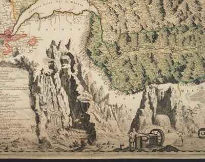 Nova Helvetiae tabula geographica illustrissimis et potentissimis cantonibus et rebuspublicis reformatae religionis Tigurinae, Bernensi, Glaronensi, Basiliensi, Scaphusianae, Abbatis Cellanae, detail, c.1712 door Jean Jacques Scheuchzer