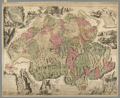 Nova Helvetiae tabula geographica illustrissimis et potentissimis cantonibus et rebuspublicis reformatae religionis Tigurinae, Bernensi, Glaronensi, Basiliensi, Scaphusianae, Abbatis Cellanae, ca. 1712 (handgekleurde prent) door Jean Jacques Scheuchzer