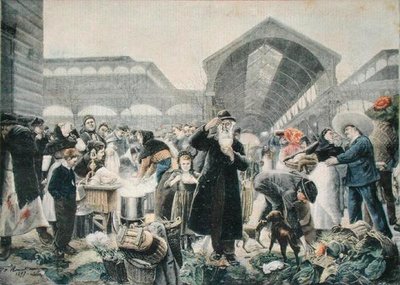 Soepkraam op de Les Halles-markt in de ochtend, illustratie uit Le Petit Journal, 2 maart 1897, gegraveerd door Fortune-Louis Meaulle (1844-1901) door Jean Jacques after Rousseau
