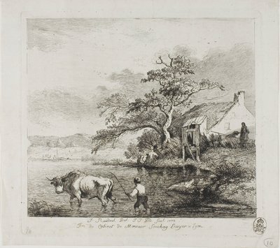 Een herder en stier steken een rivier over door Jean Jacques de Boissieu
