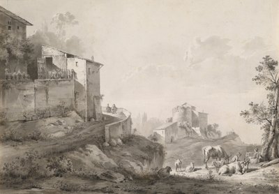 Een zonovergoten landschap met huizen op een heuveltop door Jean Jacques de Boissieu