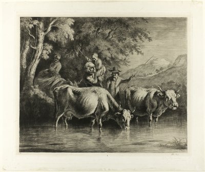 Vee en boeren langs een beekje door Jean Jacques de Boissieu