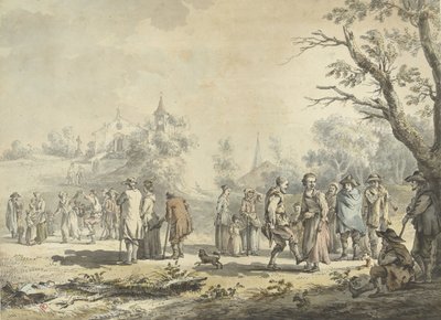 Dansende landlieden en toeschouwers bij een dorp door Jean Jacques de Boissieu