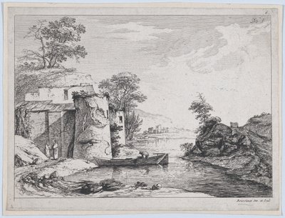 Oude torens aan een rivierbank, 1763 door Jean Jacques de Boissieu