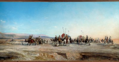 Op zoek naar een kamp, nomadische karavanen en kamelen in de woestijn door Jean Joseph Bellel