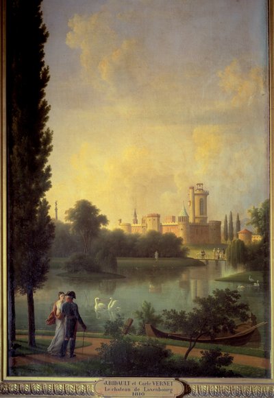 Het kasteel van Laxembourg, op de voorgrond de keizer van Oostenrijk en aartshertogin Marie Louise door Jean Joseph Bidault