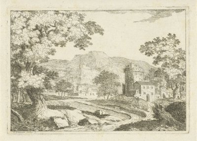 Rivierlandschap met huizen en torens door Jean Joseph Hanson