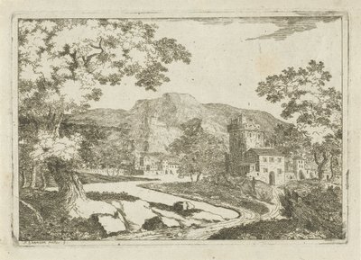 Rivierlandschap met huizen en torens door Jean Joseph Hanson