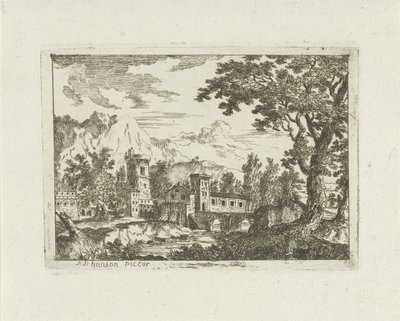 Stenen gebouwen aan een rivier door Jean Joseph Hanson