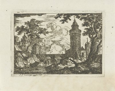 Toren en stenen brug in een berglandschap door Jean Joseph Hanson