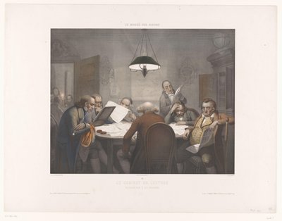 Leeskabinet met lezende mannen aan een ronde tafel door Jean Julien Jacott