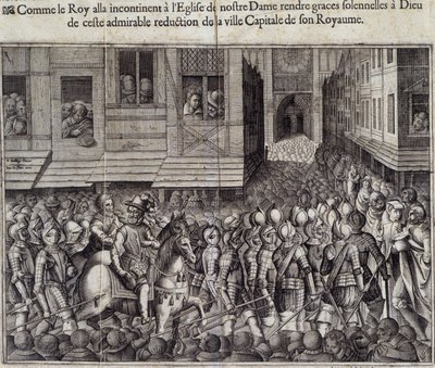Intocht van Hendrik IV (1553 - 1610) in Parijs op 22 maart 1594 en naar de Kathedraal van Notre Dame om de mis bij te wonen - Gravure door Jean Lecler, naar Bollery, Musée de Notre Dame de Paris door Jean Leclerc
