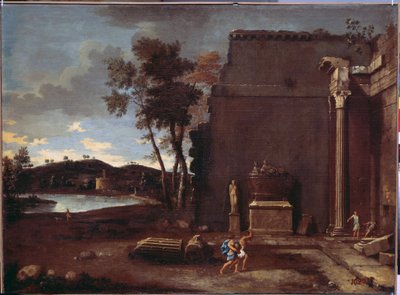 Landschap met sarcofaag. Schilderij van Jean Le Maire. Franse kunst, olie op doek. Hermitage Museum, Sint-Petersburg door Jean Lemaire