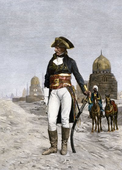 Campagne (Expeditie) van Egypte (1798-1801): portret van Napoleon Bonaparte (1769-1821) in Caïro in 1798. Kleurengravure naar een schilderij van Jean Leon (Jean-Leon) Gerome. door Jean Leon Gerome