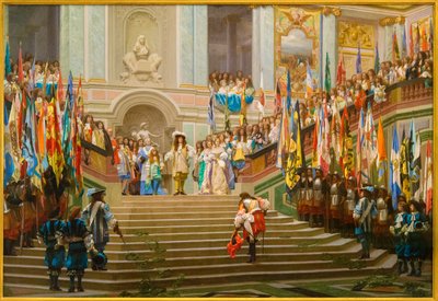 Ontvangst van Louis 2 de Bourbon Conde, de Grote Conde, door Koning Lodewijk 14 in Versailles in 1674 door Jean Leon Gerome