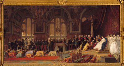 Ontvangst van de ambassadeurs van Siam door Napoleon III en keizerin Eugenie: in de grote balzaal Henri II van het kasteel van Fontainebleau door Jean Leon Gerome