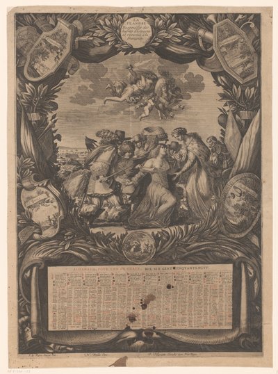 Kalender voor 1659: Allegorie op de overgave van Vlaanderen aan Lodewijk XIV door Jean Lepautre