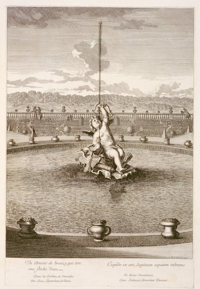 Fontein met cupido die een waterstraal pijl afvuurt, ontworpen door Louis Lerambert, in Versailles, 1677 door Jean Lepautre