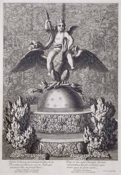 Fonteinen met een kind dat de Genius van Koninklijke Macht vertegenwoordigt door Pierre le Gros, in Versailles, 1677 door Jean Lepautre