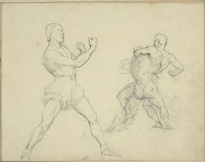 Bokser met gezicht naar rechts en twee worstelende mannen door Jean Louis André Théodore Géricault