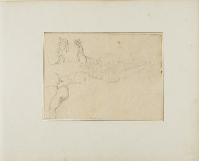 Doorsnede van een zuilenhal en drie figuurschetsen door Jean Louis André Théodore Géricault