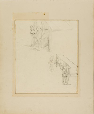 Hond in hondenhok en studie van een munitiekar door Jean Louis André Théodore Géricault