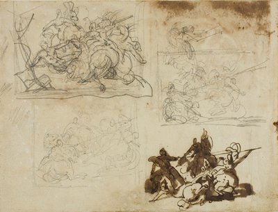 Vier schetsen voor een cavalerieslag door Jean Louis André Théodore Géricault