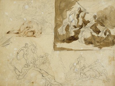 Vier schetsen voor een cavalerieslag door Jean Louis André Théodore Géricault
