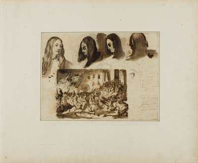 Vier gezichten op het hoofd van een vrouw; een parade voor Lodewijk XVIII door Jean Louis André Théodore Géricault