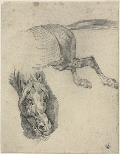 Hoofd en achterhand van een renpaard door Jean Louis André Théodore Géricault