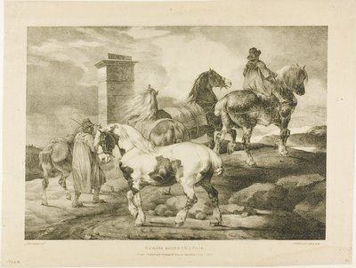 Paarden op weg naar een kermis, plaat 3 van Diverse onderwerpen Getekend uit het leven op steen door Jean Louis André Théodore Géricault
