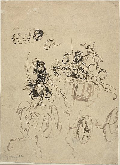Napoleontische legerkoets met schetsen van hoofden door Jean Louis André Théodore Géricault
