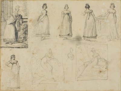 Negen schetsen van een jonge vrouw in modieuze kleding door Jean Louis André Théodore Géricault