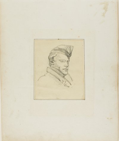 Portret van een jonge man met een militaire pet door Jean Louis André Théodore Géricault