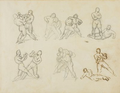Zeven schetsen van paren boksers door Jean Louis André Théodore Géricault