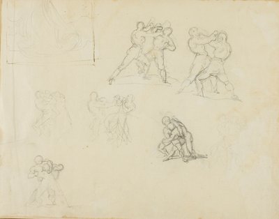 Zeven schetsen van paren boksers of worstelaars door Jean Louis André Théodore Géricault