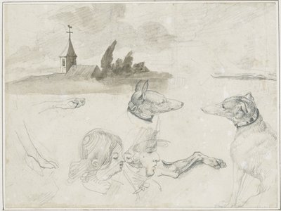 Blad met schetsen: Greyhounds; Een mannelijk en een vrouwelijk hoofd in door Jean Louis André Théodore Géricault